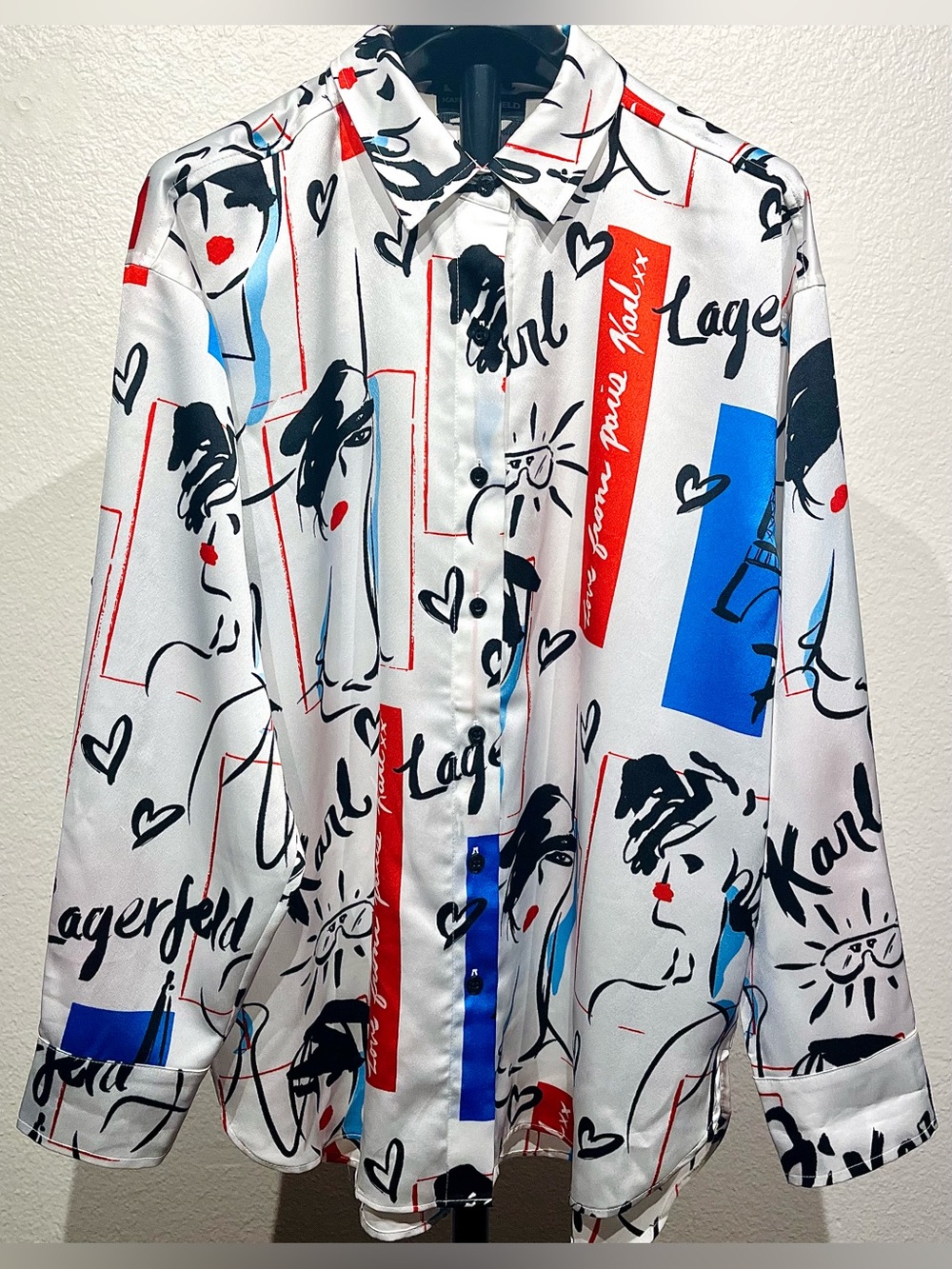 Karl Lagerfeld White Button-Front Blouse with Black, Red and Blue Graphic Print